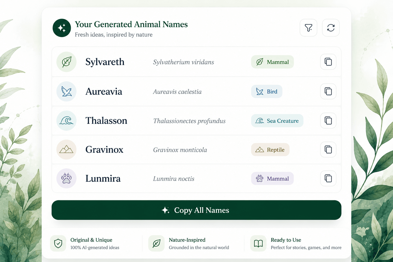 Copy-ready output illustration showing generated animal names with common and scientific formats plus category tags