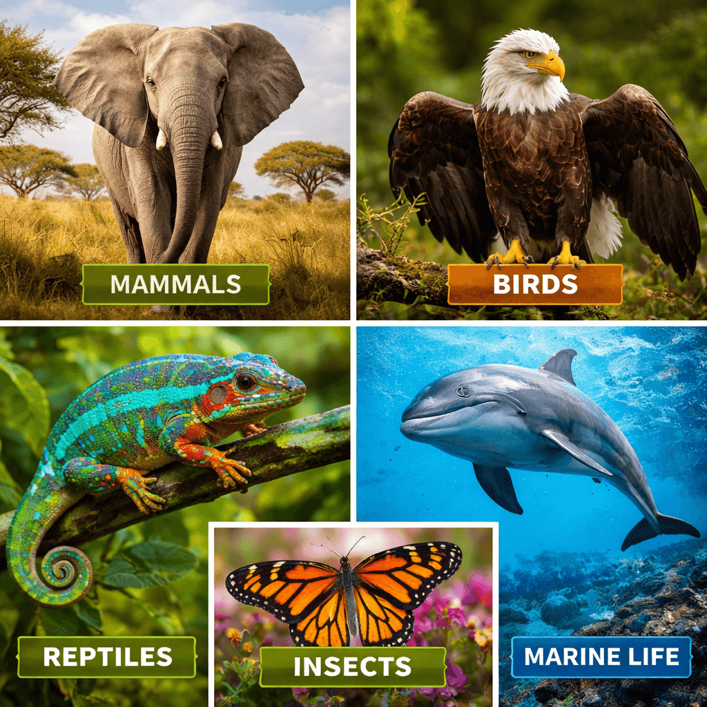 Animal biodiversity showcase featuring mammals, birds, marine animals, and insects
