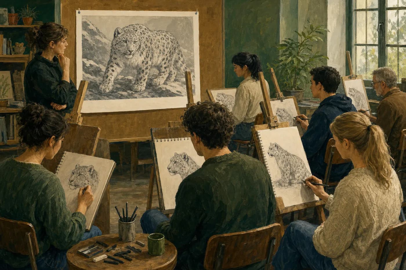 Art class sketching the same snow leopard drawing prompt from a shared reference