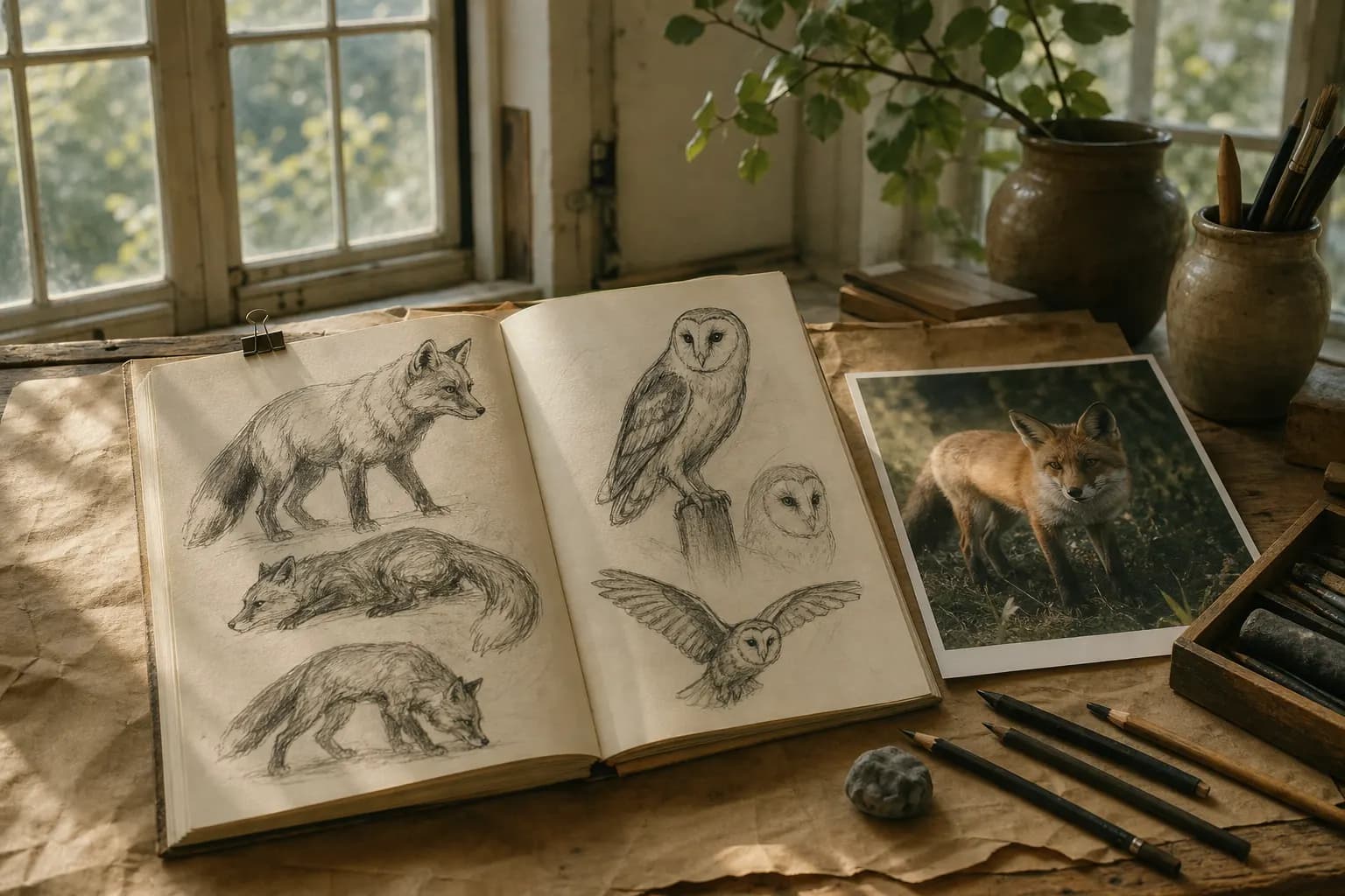 Sunlit artist studio with charcoal animal studies and a fox reference for drawing prompts