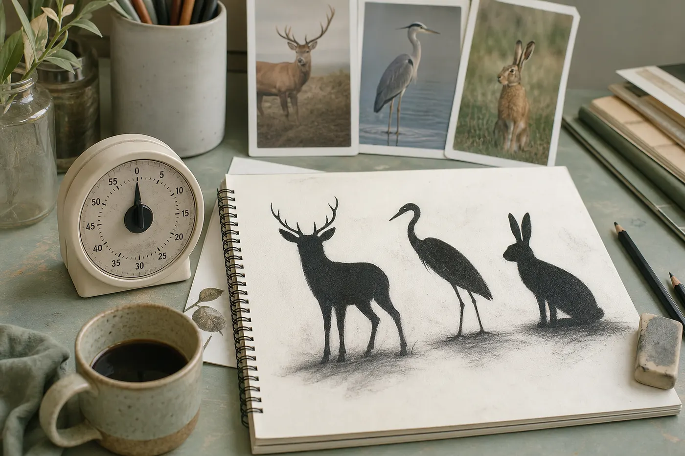 Desk setup with timer, silhouette animal sketches, and wildlife reference cards