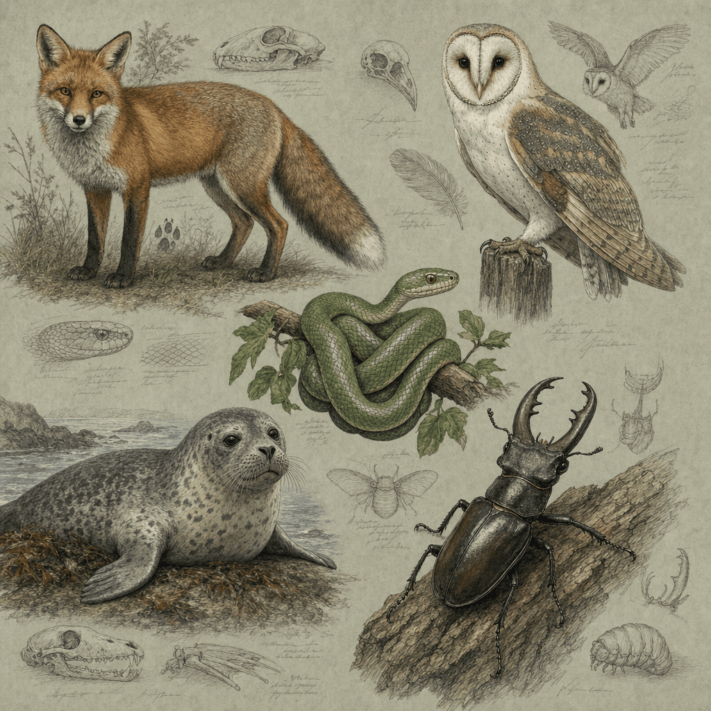 Field guide style showcase of mammal, bird, reptile, marine animal, and insect