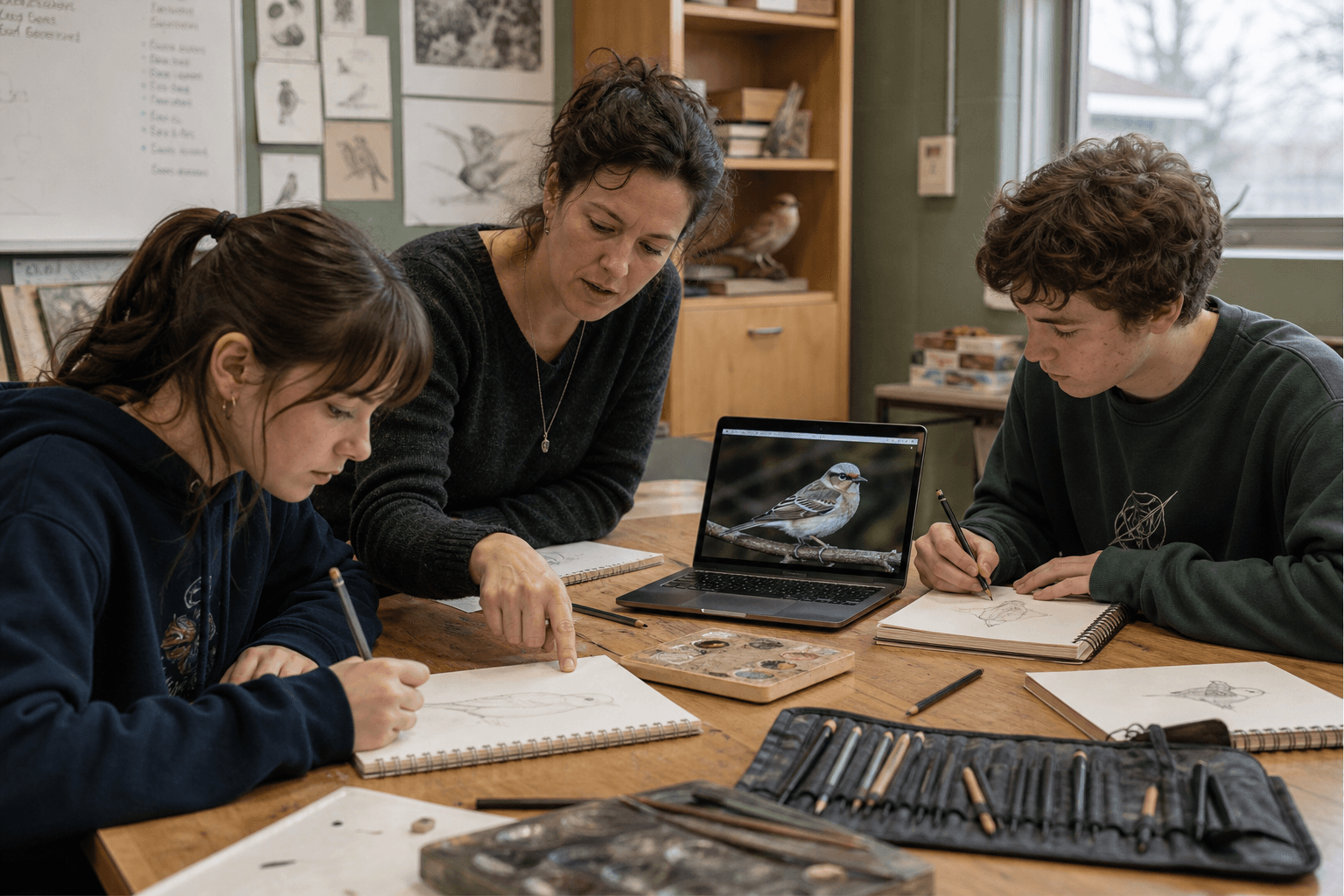 Teacher and students sketching animals from a reference prompt in a classroom atelier