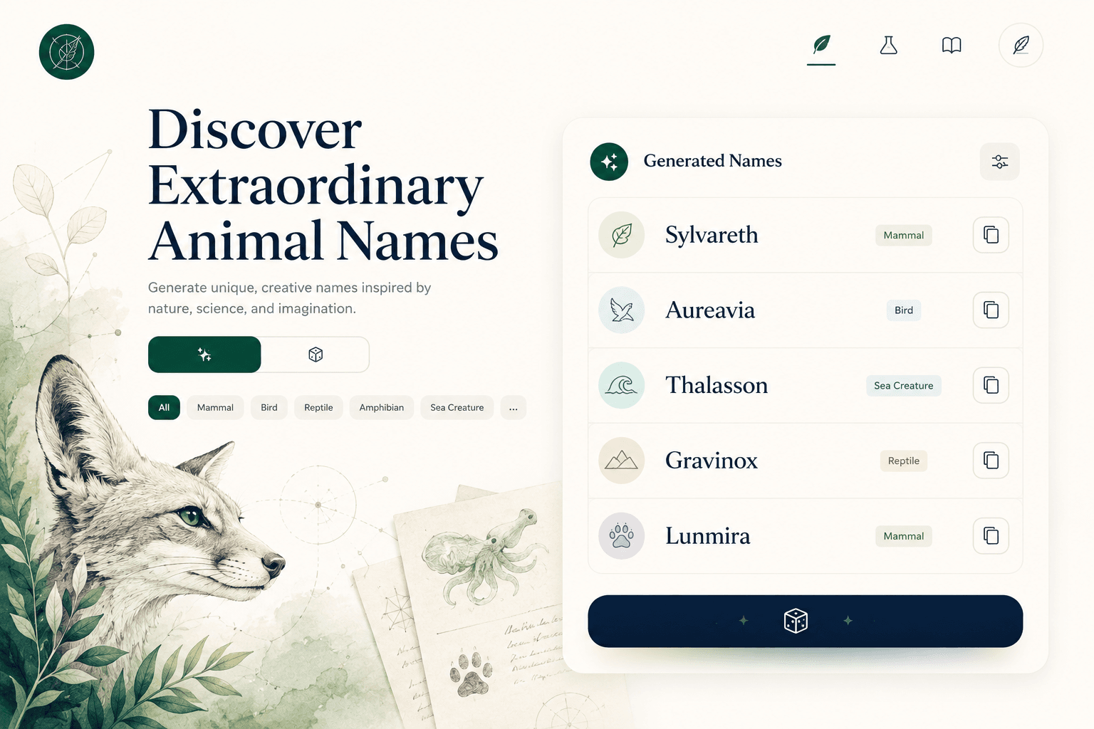 Hero illustration for the random animal name generator showing a premium interface with generated animal names and category filters