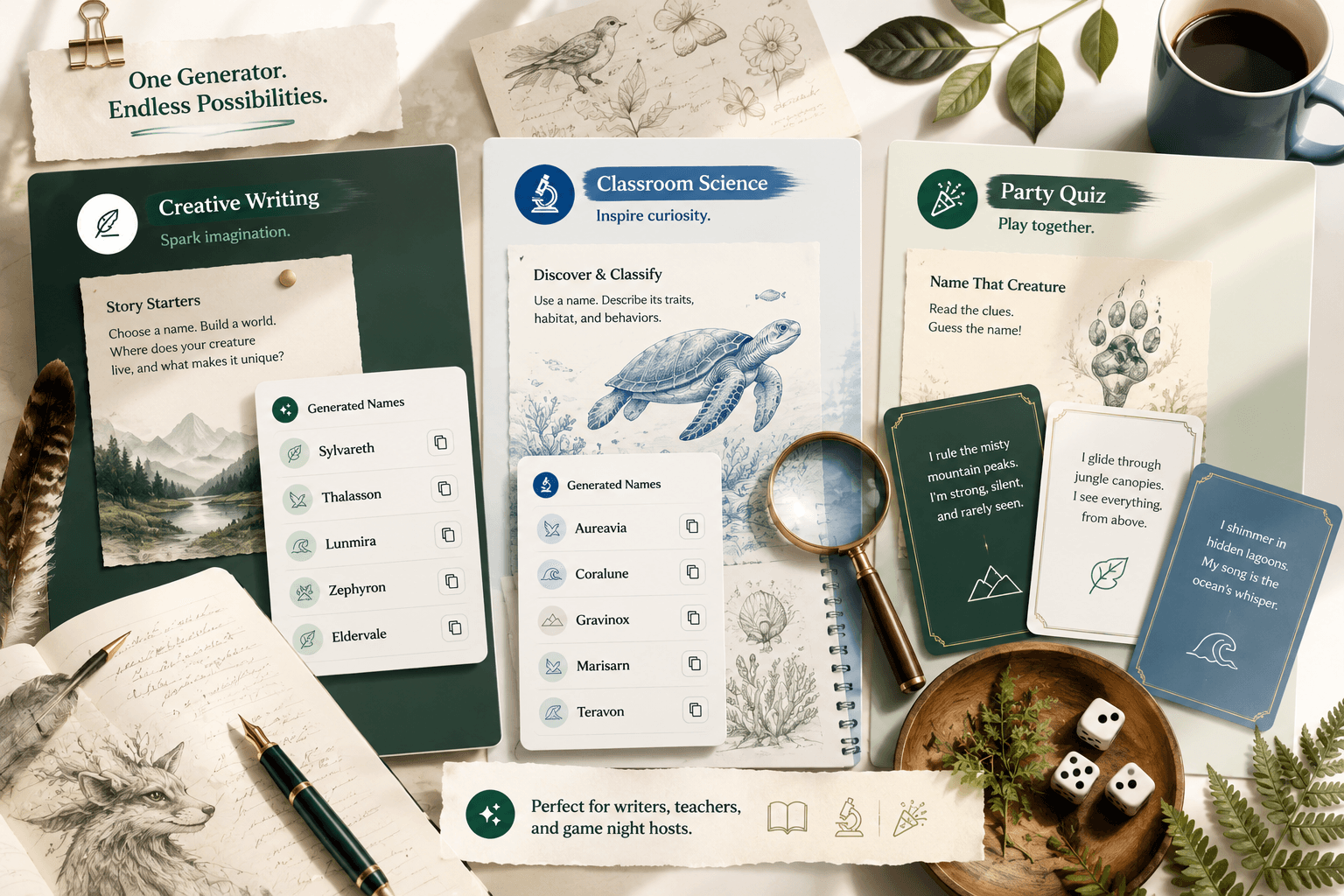 Use-case illustration showing creative writing, classroom science, and party quiz scenarios for animal name generation
