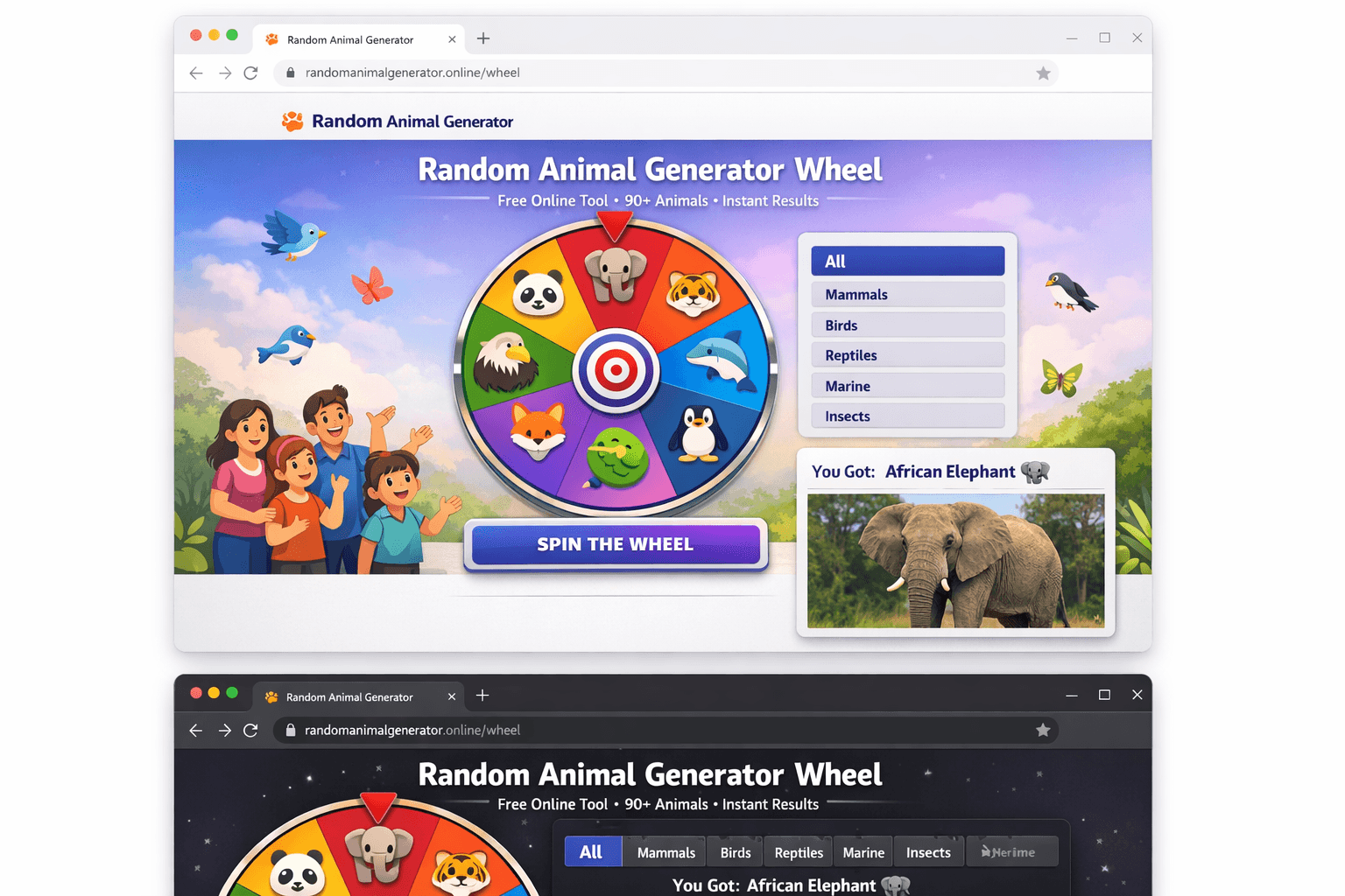 Random Animal Generator Wheel interface preview showing the spinner and category filters