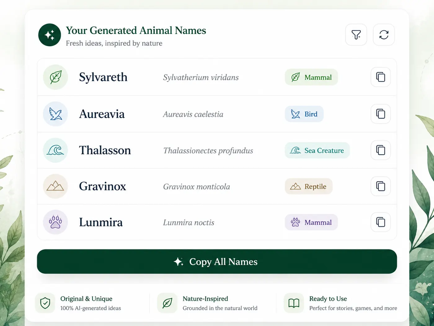 Copy-ready random animal picker results ready for worksheets and chat