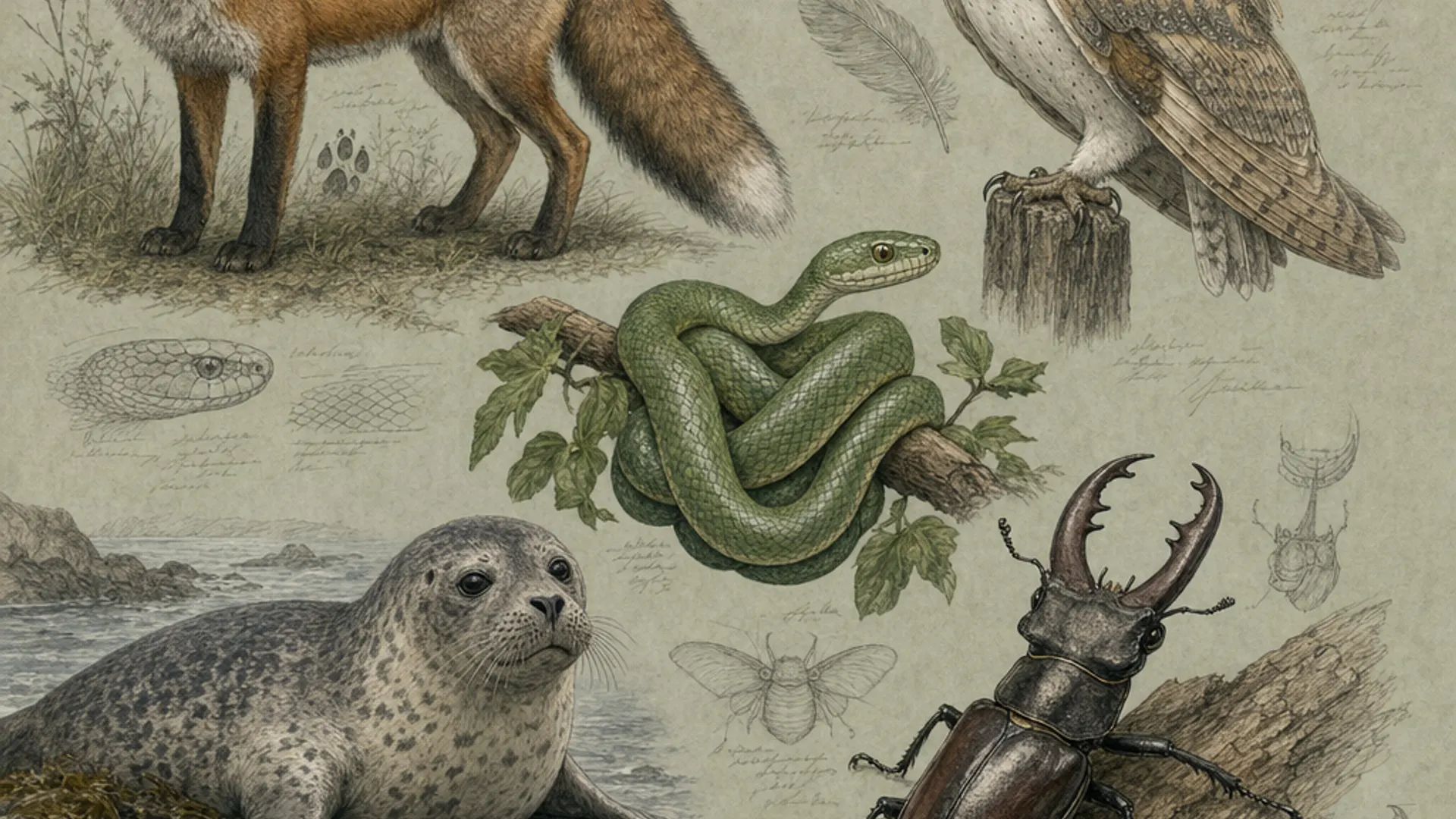 Wildlife field guide spread with mammal, bird, and insect studies for a random animal picker